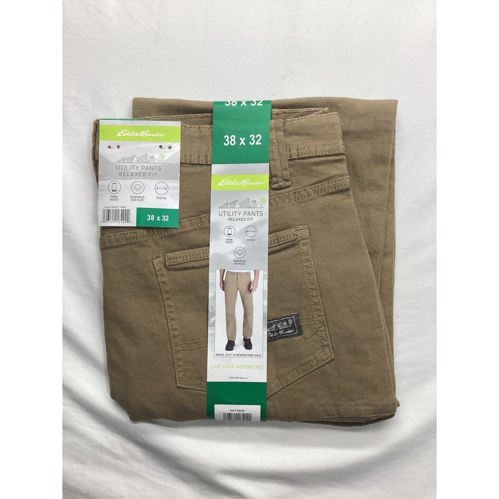 Eddie Bauer Mens Utility Pants Relaxed Fit Saddle Brown 38x32 Stretch New w tags